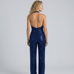 Women's Sequin Halter Neck Jumpsuit with Wide Legs & Open Back – Evening & Party Jumpsuit