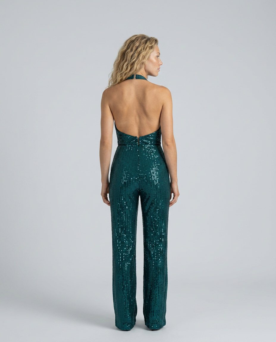 Women's Sequin Halter Neck Jumpsuit with Wide Legs & Open Back – Evening & Party Jumpsuit