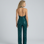 Women's Sequin Halter Neck Jumpsuit with Wide Legs & Open Back – Evening & Party Jumpsuit