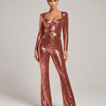 Women's Sequin Long Sleeve Jumpsuit with Belt & Flared Legs – Sweetheart Neck Party Jumpsuit