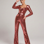 Women's Sequin Long Sleeve Jumpsuit with Belt & Flared Legs – Sweetheart Neck Party Jumpsuit