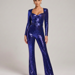Women's Sequin Long Sleeve Jumpsuit with Belt & Flared Legs – Sweetheart Neck Party Jumpsuit