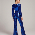Women's Sequin Long Sleeve Jumpsuit with Belt & Flared Legs – Sweetheart Neck Party Jumpsuit