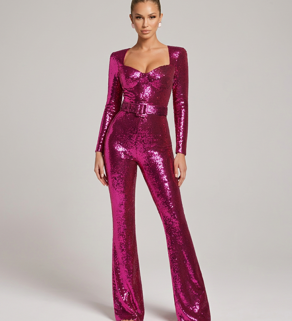 Women's Sequin Long Sleeve Jumpsuit with Belt & Flared Legs – Sweetheart Neck Party Jumpsuit
