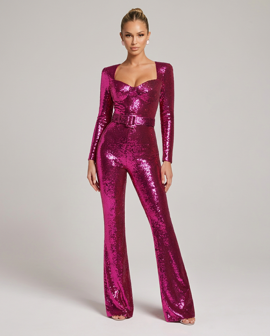 Women's Sequin Long Sleeve Jumpsuit with Belt & Flared Legs – Sweetheart Neck Party Jumpsuit