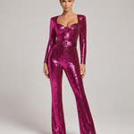 Women's Sequin Long Sleeve Jumpsuit with Belt & Flared Legs – Sweetheart Neck Party Jumpsuit