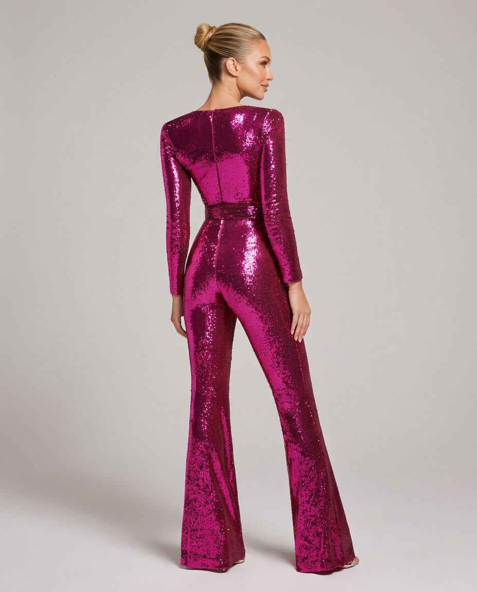 Women's Sequin Long Sleeve Jumpsuit with Belt & Flared Legs – Sweetheart Neck Party Jumpsuit