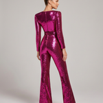 Women's Sequin Long Sleeve Jumpsuit with Belt & Flared Legs – Sweetheart Neck Party Jumpsuit