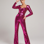 Women's Sequin Long Sleeve Jumpsuit with Belt & Flared Legs – Sweetheart Neck Party Jumpsuit