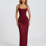 Women's Corset Maxi Dress with Square Neck & Draped Skirt – Formal Evening & Wedding Guest Dress