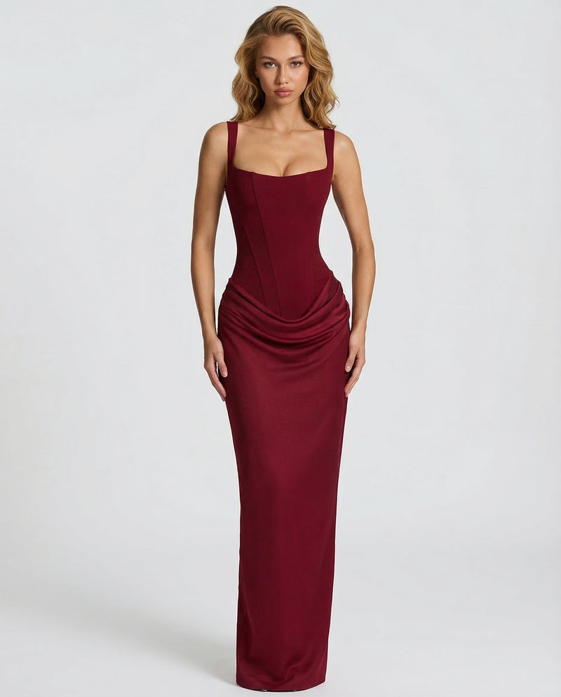 Women's Corset Maxi Dress with Square Neck & Draped Skirt – Formal Evening & Wedding Guest Dress