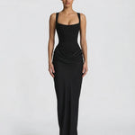 Women's Corset Maxi Dress with Square Neck & Draped Skirt – Formal Evening & Wedding Guest Dress