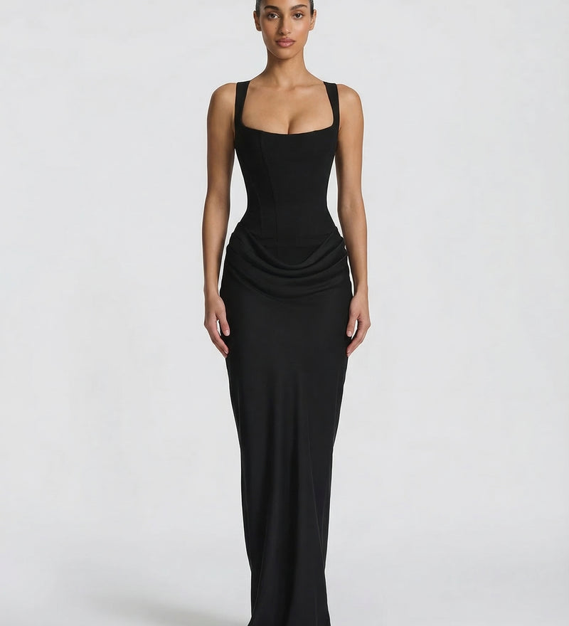 Women's Corset Maxi Dress with Square Neck & Draped Skirt – Formal Evening & Wedding Guest Dress