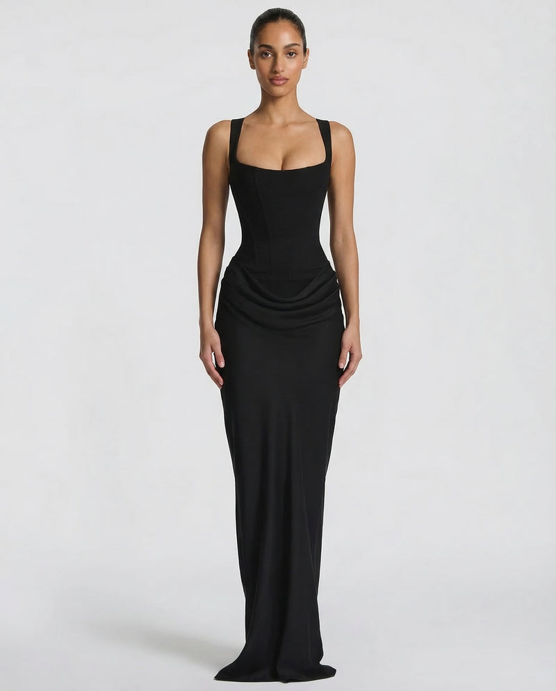 Women's Corset Maxi Dress with Square Neck & Draped Skirt – Formal Evening & Wedding Guest Dress