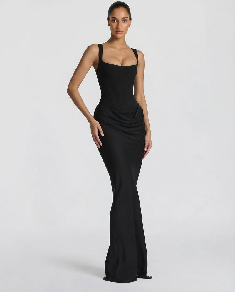 Women's Corset Maxi Dress with Square Neck & Draped Skirt – Formal Evening & Wedding Guest Dress