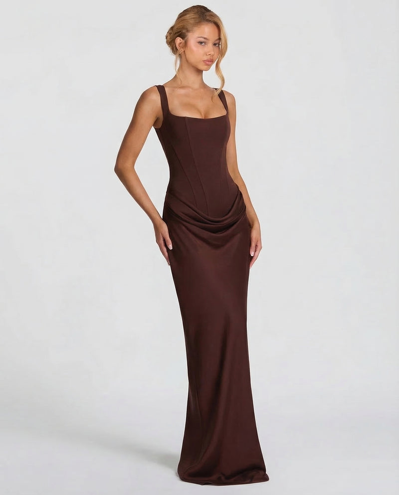 Women's Satin Corset Maxi Dress – Formal Evening Gown and Wedding Guest Dress