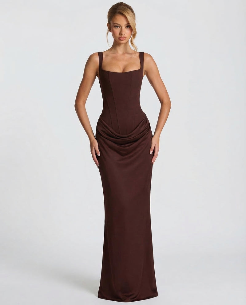 Women's Satin Corset Maxi Dress – Formal Evening Gown and Wedding Guest Dress