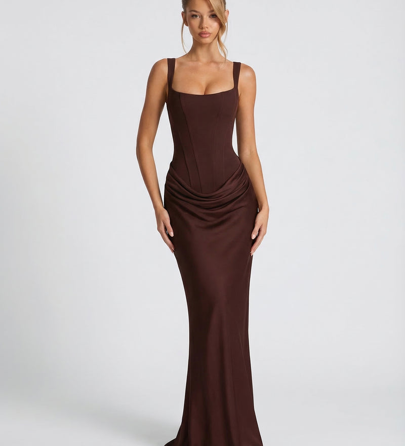 Women's Satin Corset Maxi Dress – Formal Evening Gown and Wedding Guest Dress