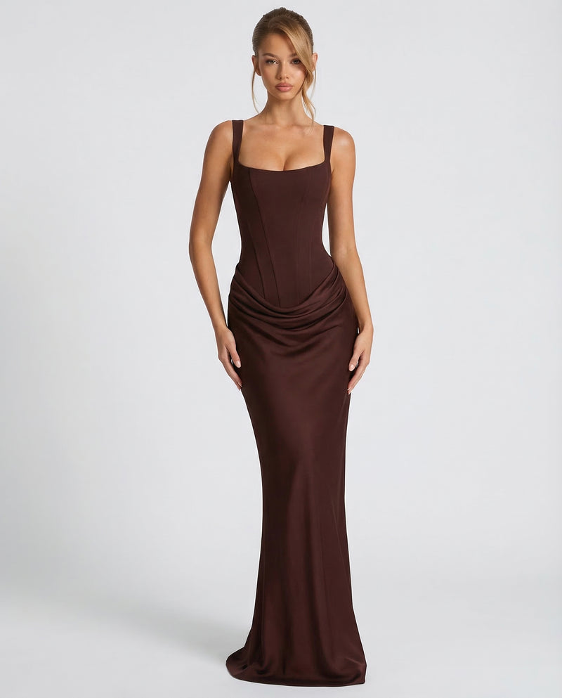 Women's Satin Corset Maxi Dress – Formal Evening Gown and Wedding Guest Dress