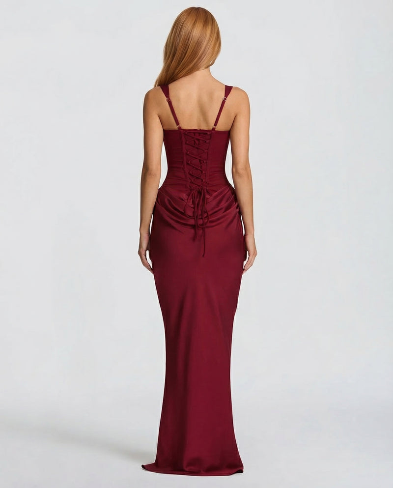 Women's Corset Maxi Dress with Square Neck & Draped Skirt – Formal Evening & Wedding Guest Dress