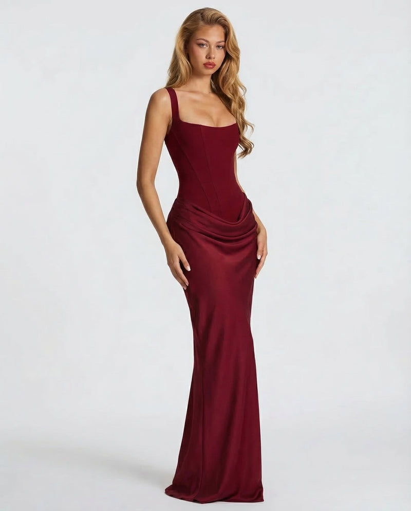 Women's Corset Maxi Dress with Square Neck & Draped Skirt – Formal Evening & Wedding Guest Dress