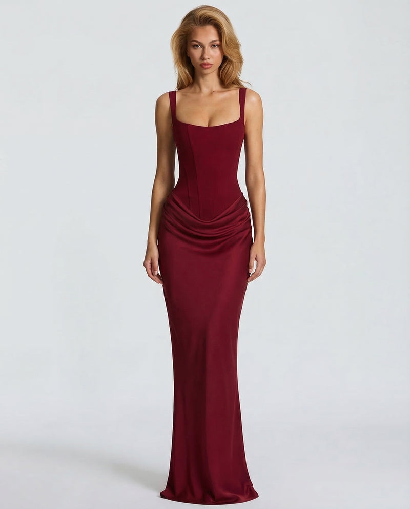 Women's Corset Maxi Dress with Square Neck & Draped Skirt – Formal Evening & Wedding Guest Dress