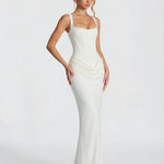 Women's Corset Maxi Dress with Square Neck & Draped Skirt – Formal Evening & Wedding Guest Dress