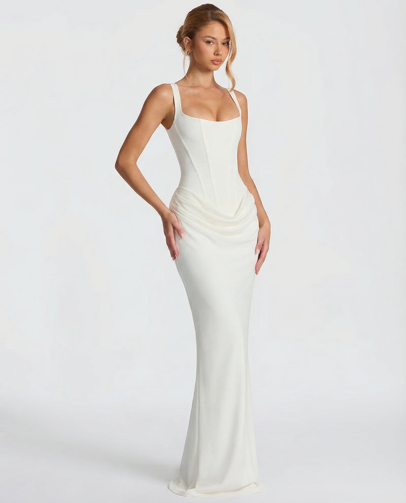 Women's Corset Maxi Dress with Square Neck & Draped Skirt – Formal Evening & Wedding Guest Dress