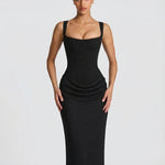 Women's Corset Maxi Dress with Square Neck & Draped Skirt – Formal Evening & Wedding Guest Dress