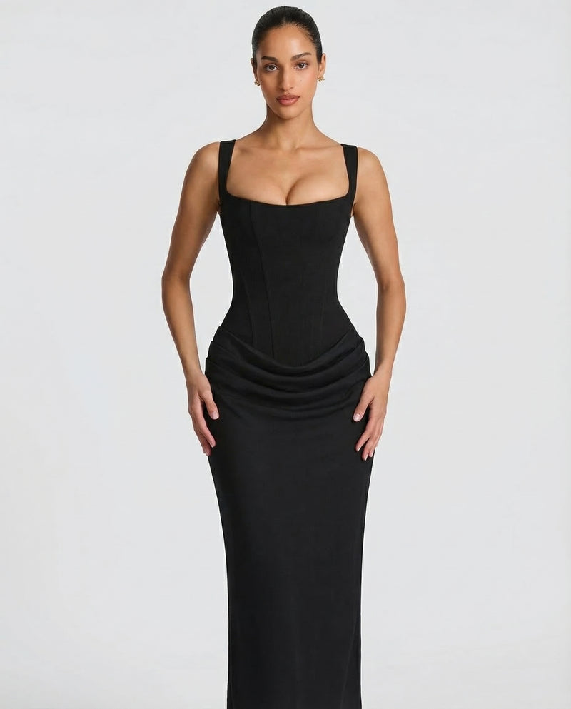 Women's Corset Maxi Dress with Square Neck & Draped Skirt – Formal Evening & Wedding Guest Dress