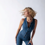 Women's Denim Jumpsuit with Heart Cut-Out Back – Sleeveless Wide Leg Jumpsuit