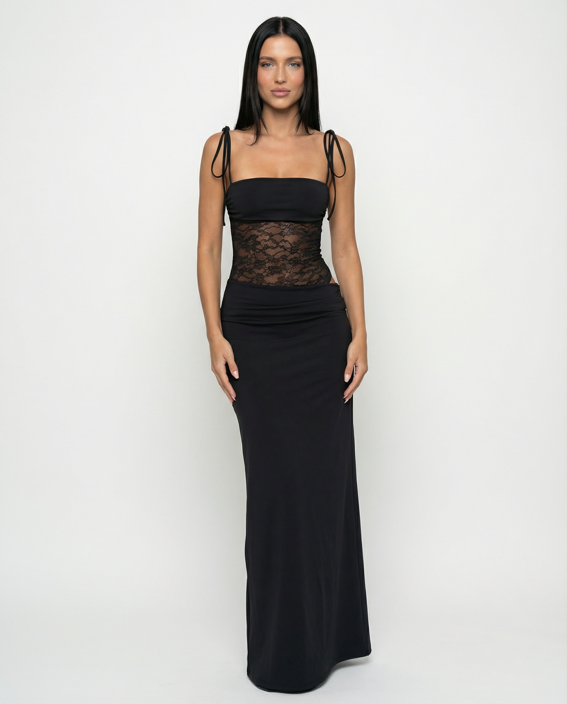 Women's Lace Panel Maxi Dress with Tie Shoulders – Summer Occasion & Wedding Guest Dress
