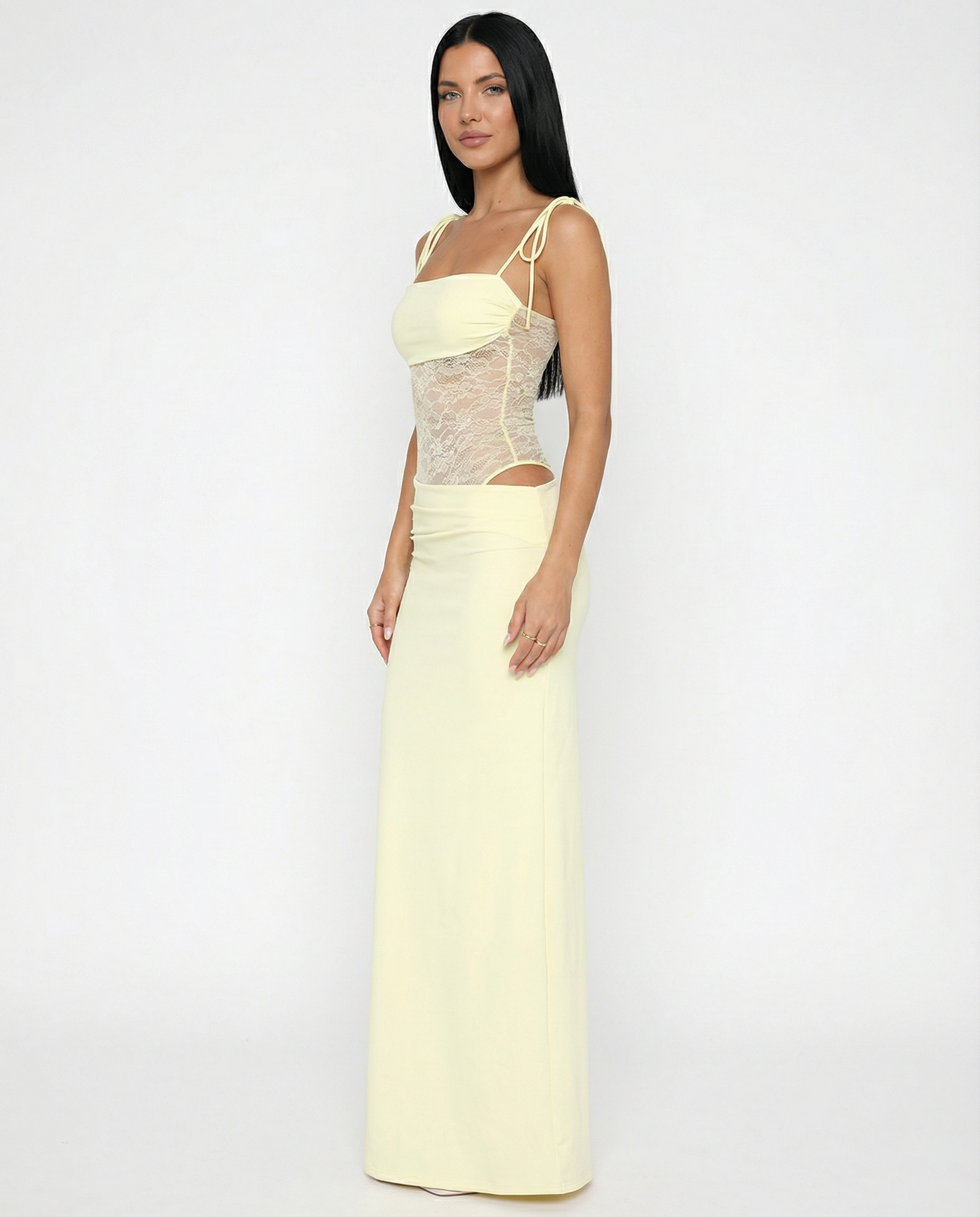Women's Lace Panel Maxi Dress with Tie Shoulders – Summer Occasion & Wedding Guest Dress