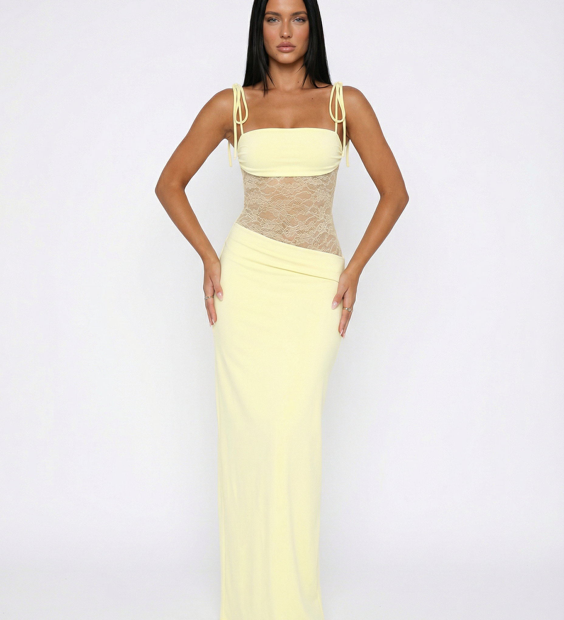 Women's Lace Panel Maxi Dress with Tie Shoulders – Summer Occasion & Wedding Guest Dress