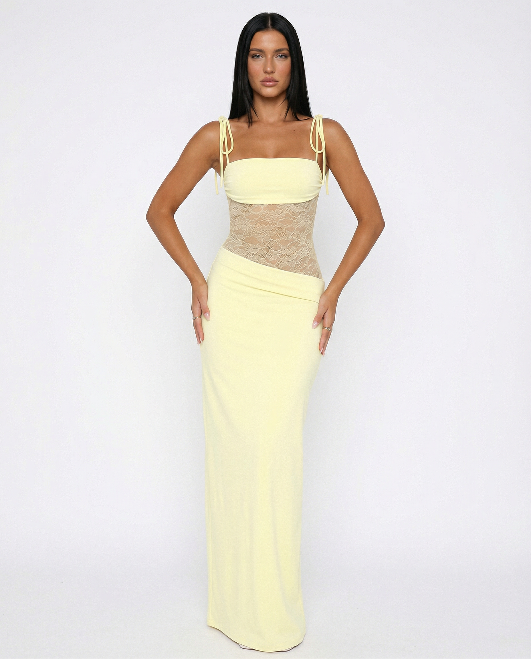 Women's Lace Panel Maxi Dress with Tie Shoulders – Summer Occasion & Wedding Guest Dress