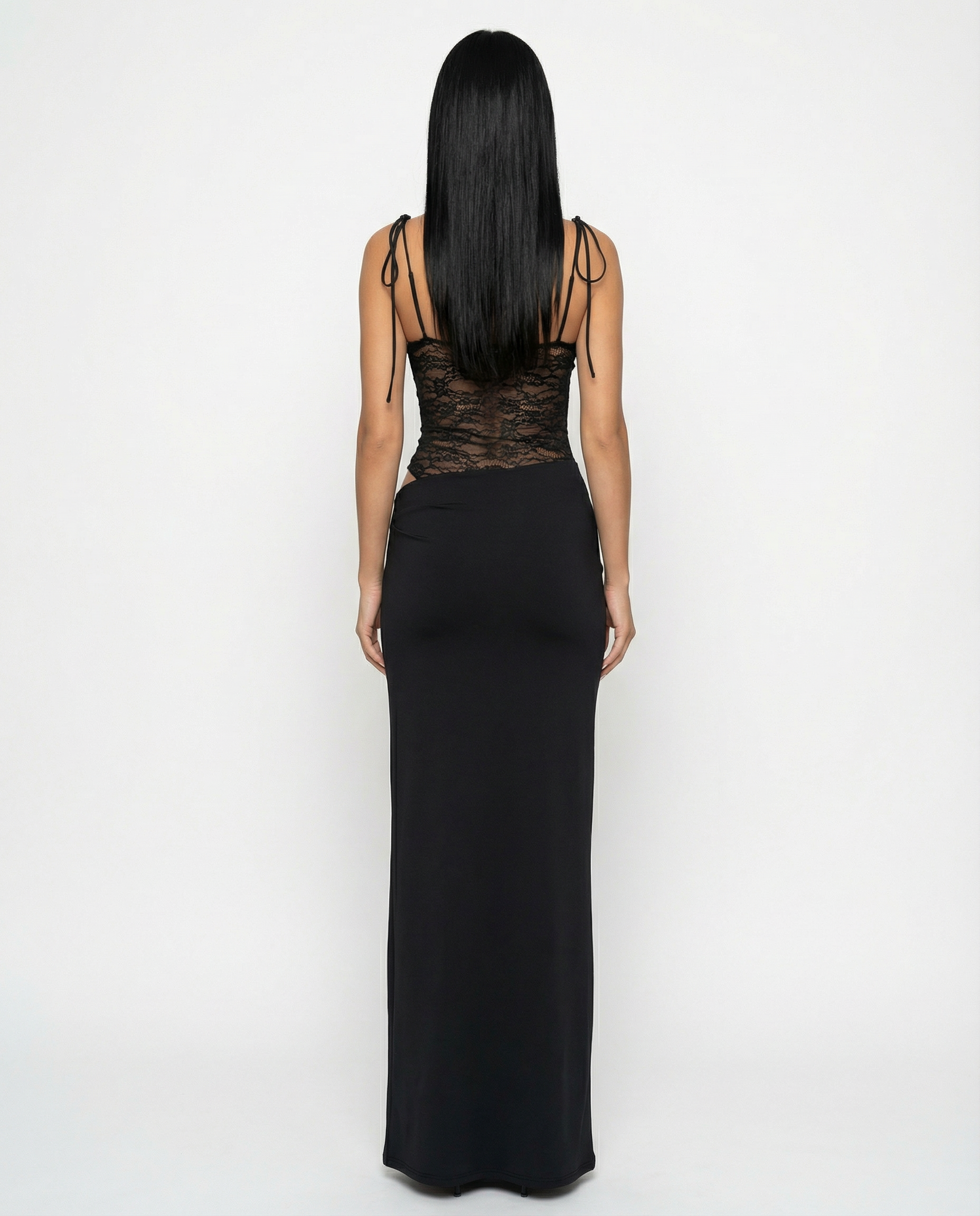 Women's Lace Panel Maxi Dress with Tie Shoulders – Summer Occasion & Wedding Guest Dress
