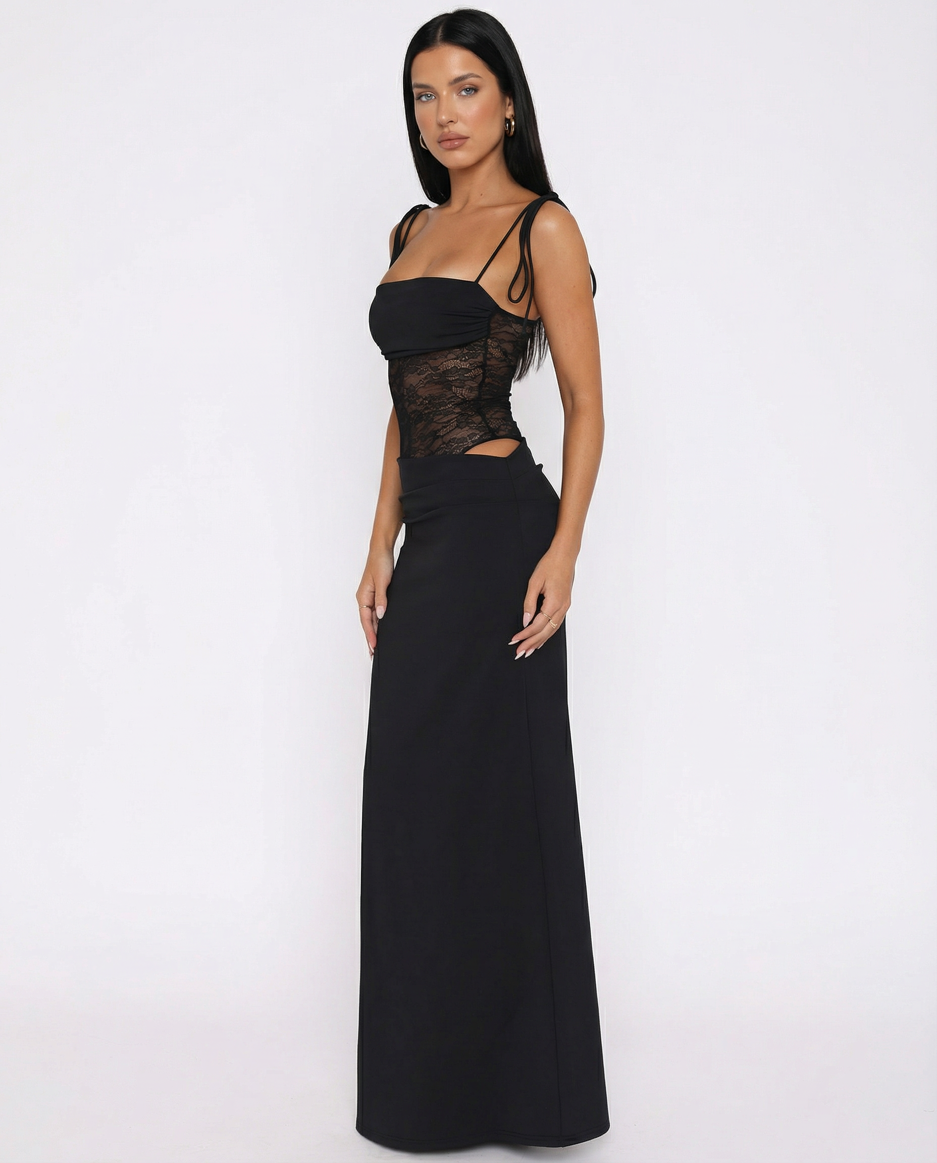 Women's Lace Panel Maxi Dress with Tie Shoulders – Summer Occasion & Wedding Guest Dress