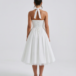 Women's Halter Neck Midi Dress with Lace-Up Back – Full Skirt Party & Occasion Dress