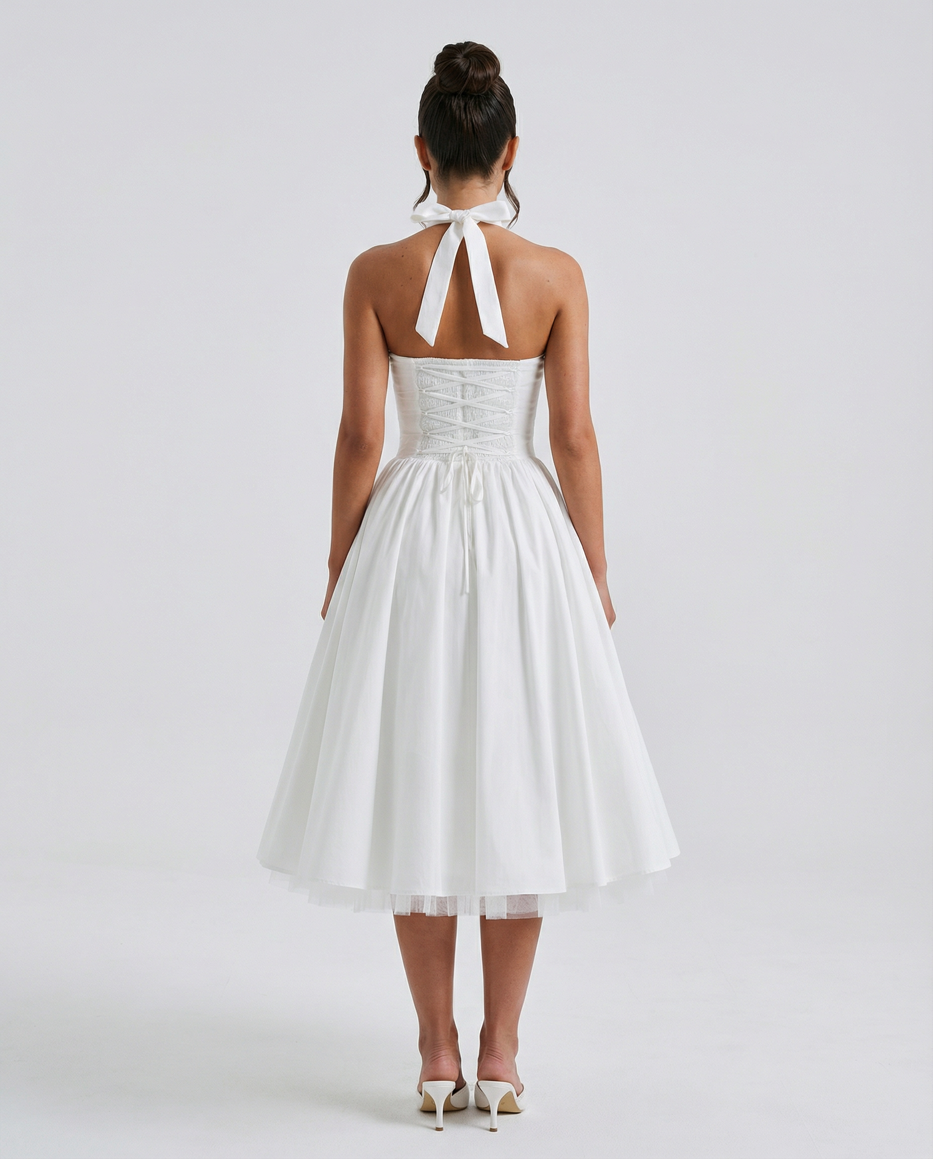 Women's Halter Neck Midi Dress with Lace-Up Back – Full Skirt Party & Occasion Dress