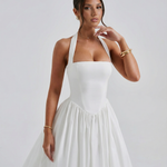 Women's Halter Neck Midi Dress with Lace-Up Back – Full Skirt Party & Occasion Dress
