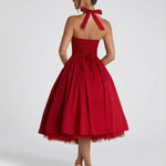 Women's Halter Neck Midi Dress with Lace-Up Back – Full Skirt Party & Occasion Dress