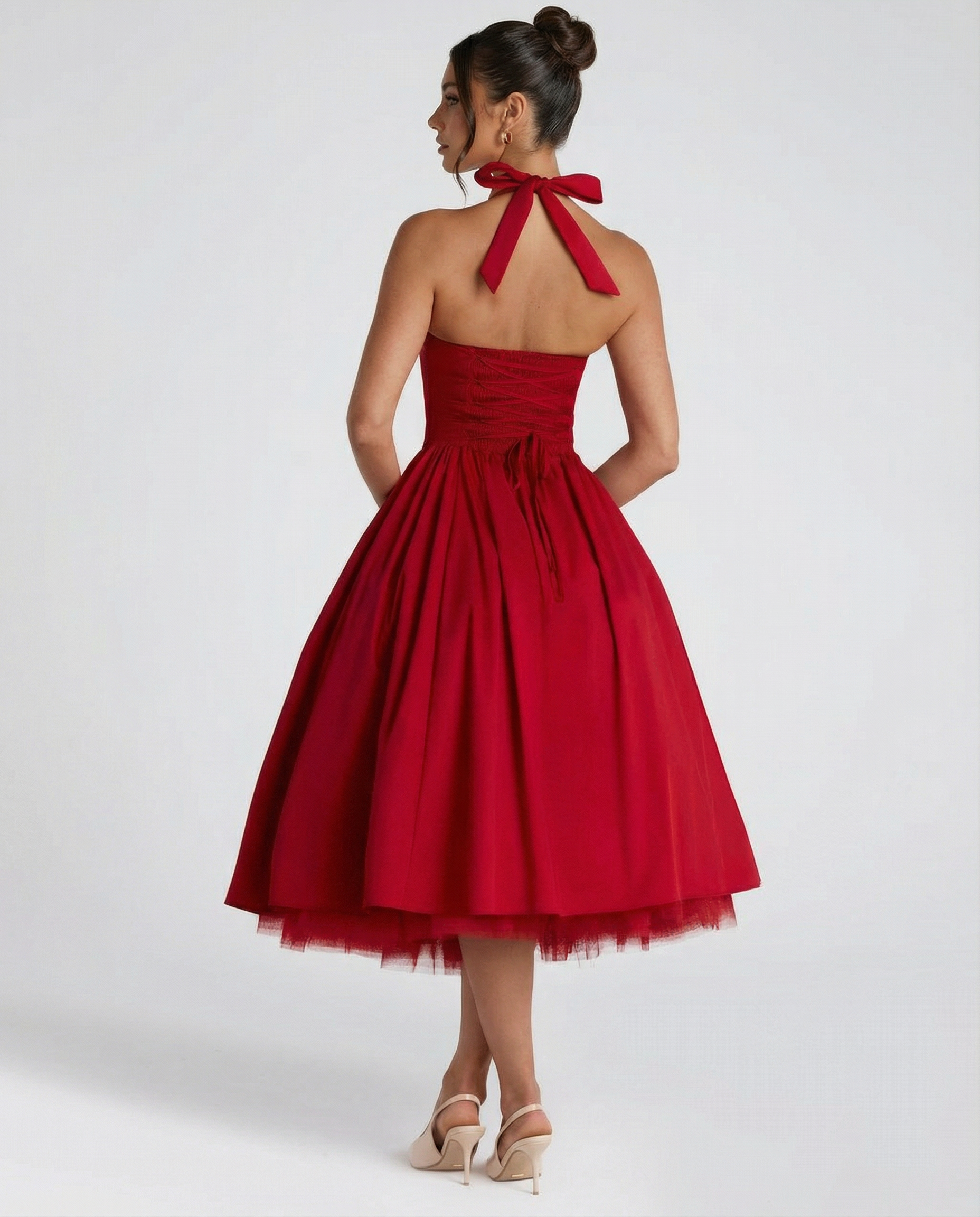 Women's Halter Neck Midi Dress with Lace-Up Back – Full Skirt Party & Occasion Dress