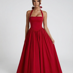 Women's Halter Neck Midi Dress with Lace-Up Back – Full Skirt Party & Occasion Dress