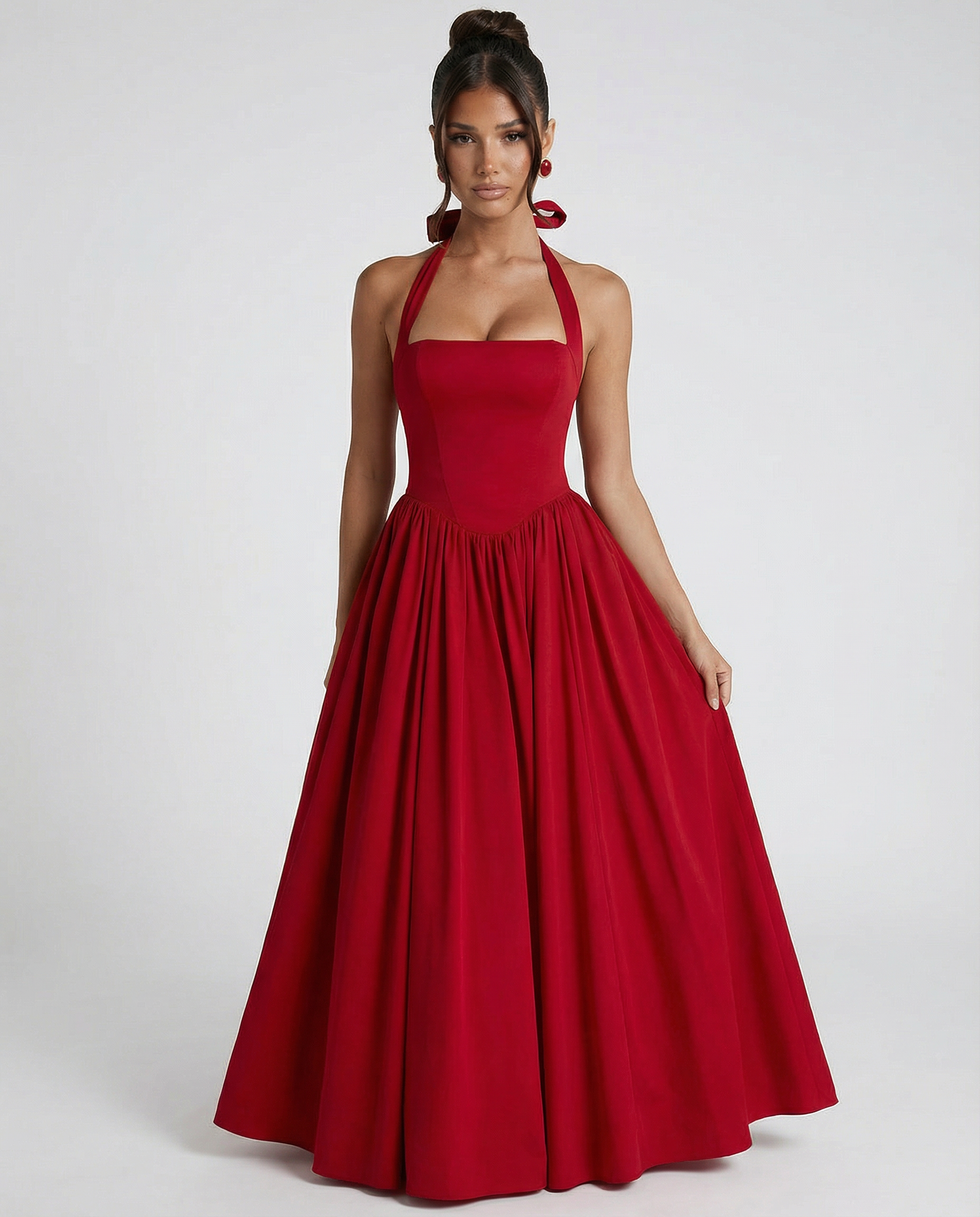 Women's Halter Neck Midi Dress with Lace-Up Back – Full Skirt Party & Occasion Dress