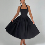 Women's Halter Neck Midi Dress with Lace-Up Back – Full Skirt Party & Occasion Dress
