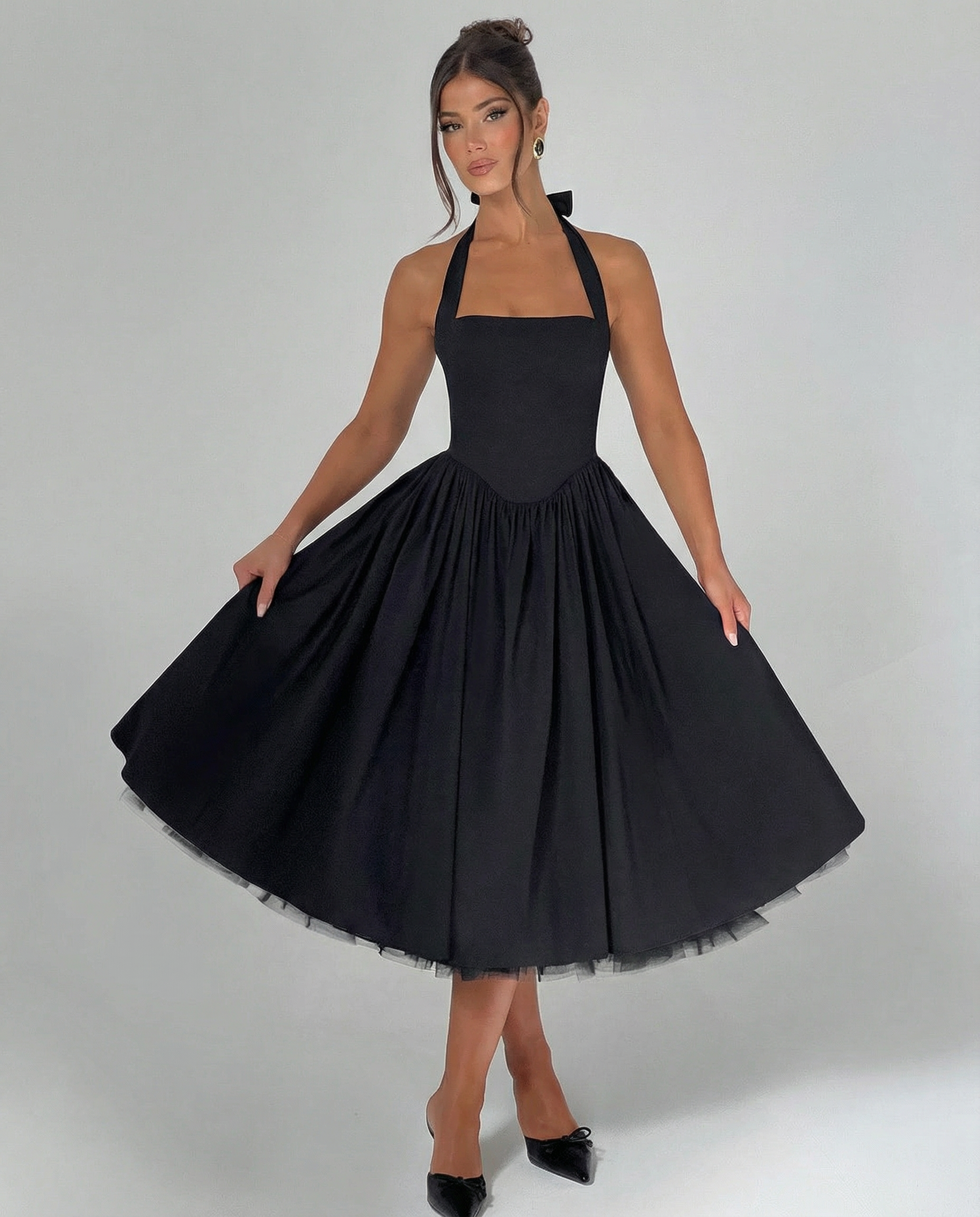 Women's Halter Neck Midi Dress with Lace-Up Back – Full Skirt Party & Occasion Dress