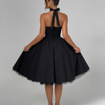 Women's Halter Neck Midi Dress with Lace-Up Back – Full Skirt Party & Occasion Dress