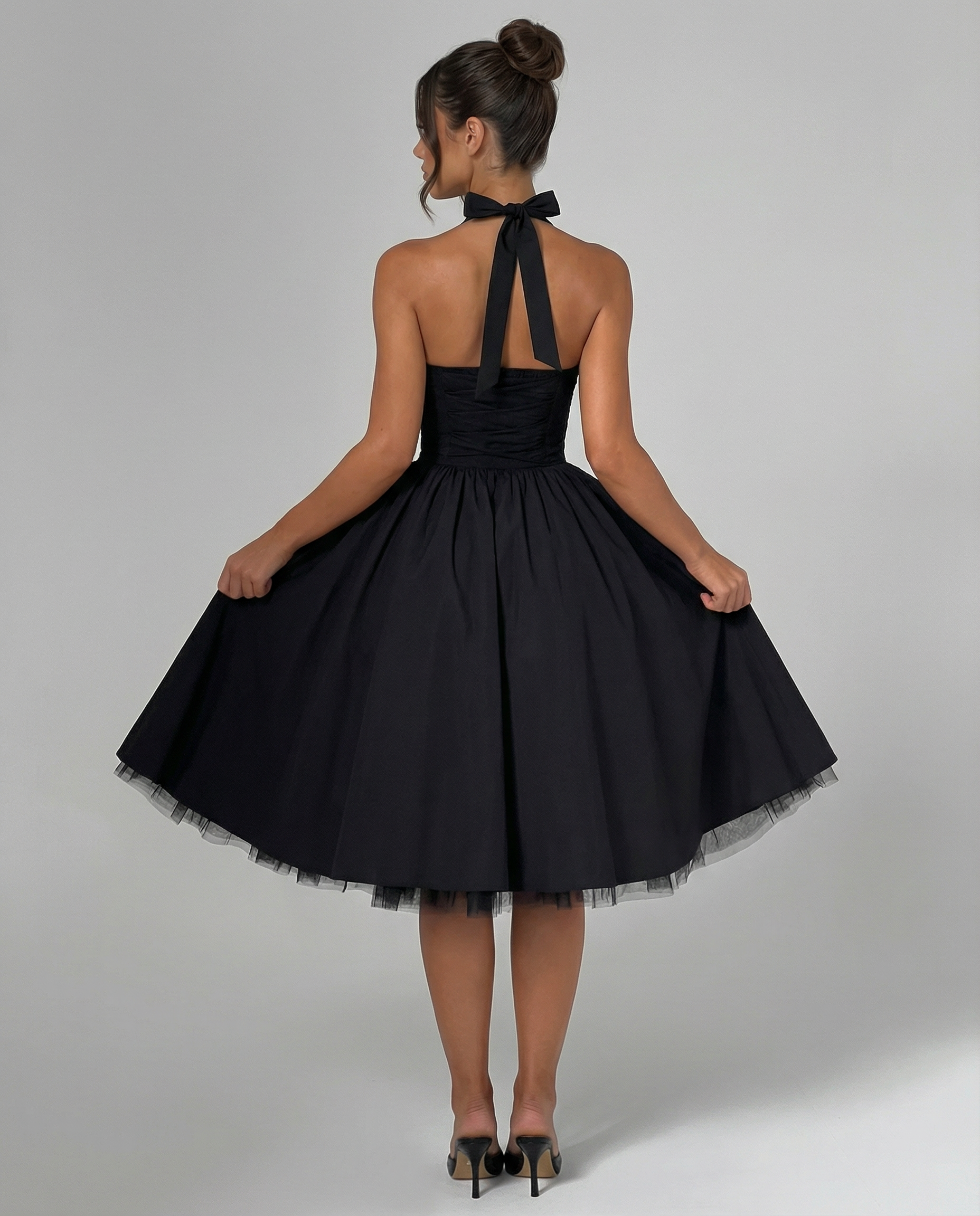 Women's Halter Neck Midi Dress with Lace-Up Back – Full Skirt Party & Occasion Dress