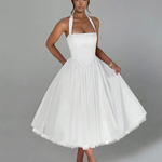 Women's Halter Neck Midi Dress with Lace-Up Back – Full Skirt Party & Occasion Dress