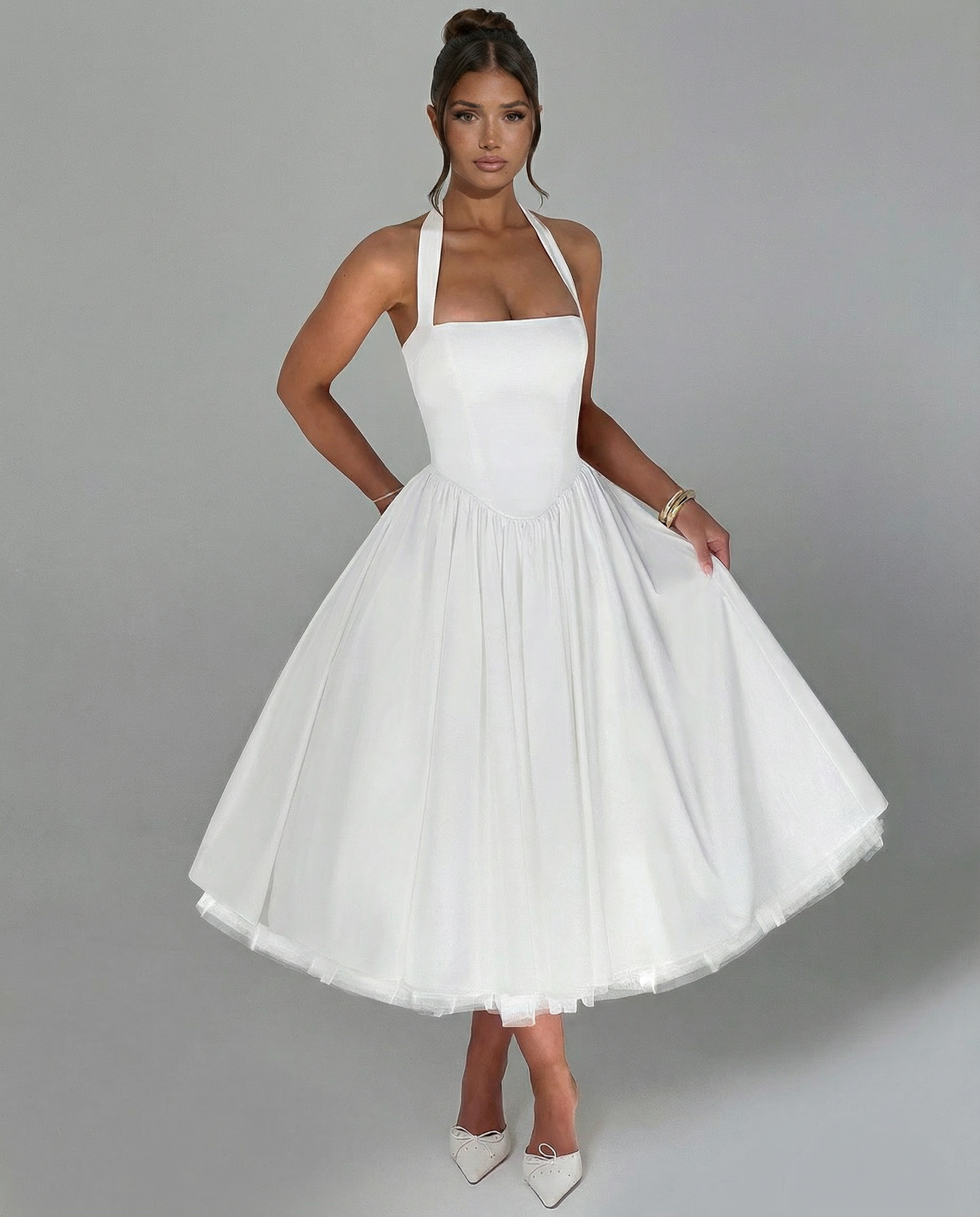 Women's Halter Neck Midi Dress with Lace-Up Back – Full Skirt Party & Occasion Dress
